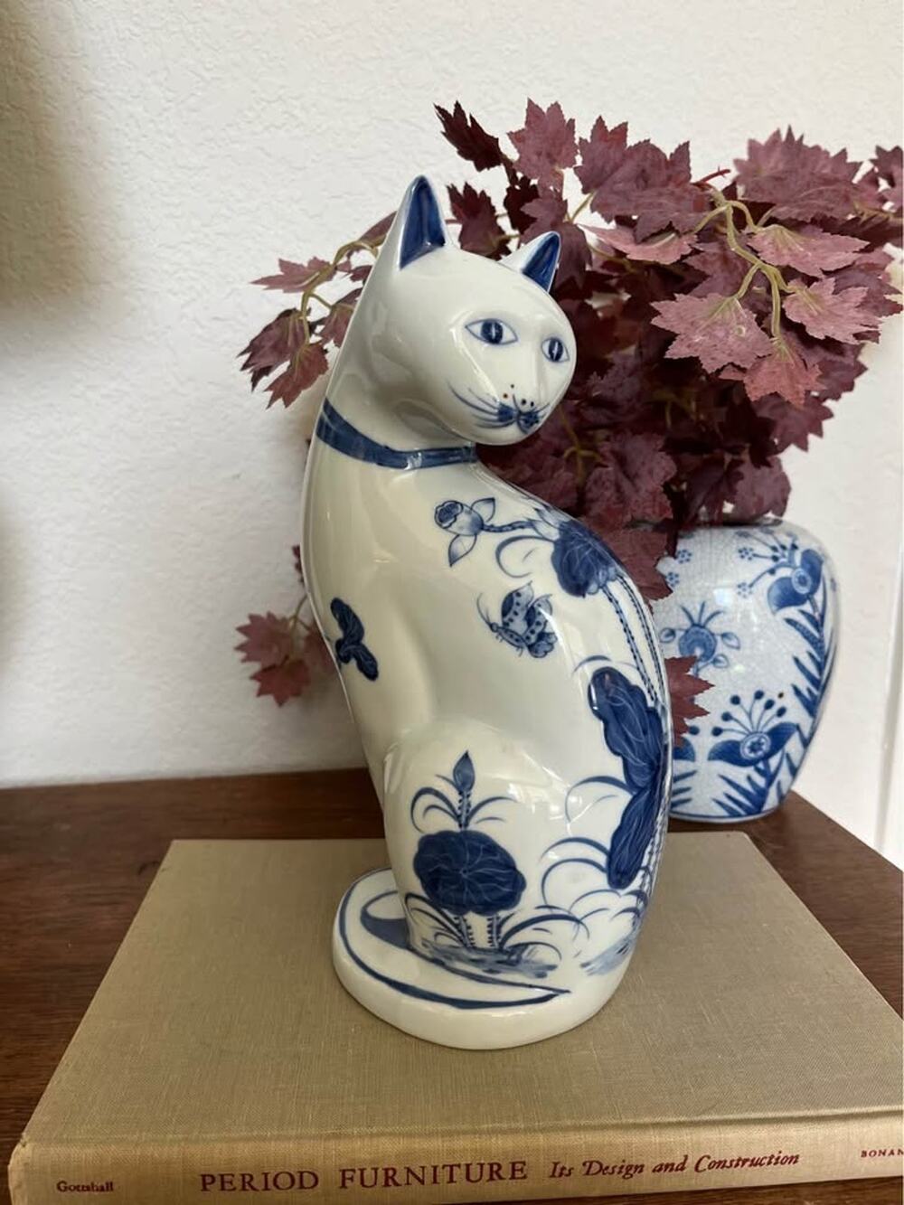 Blue and White Chinoiserie Ceramic Cat Figurine